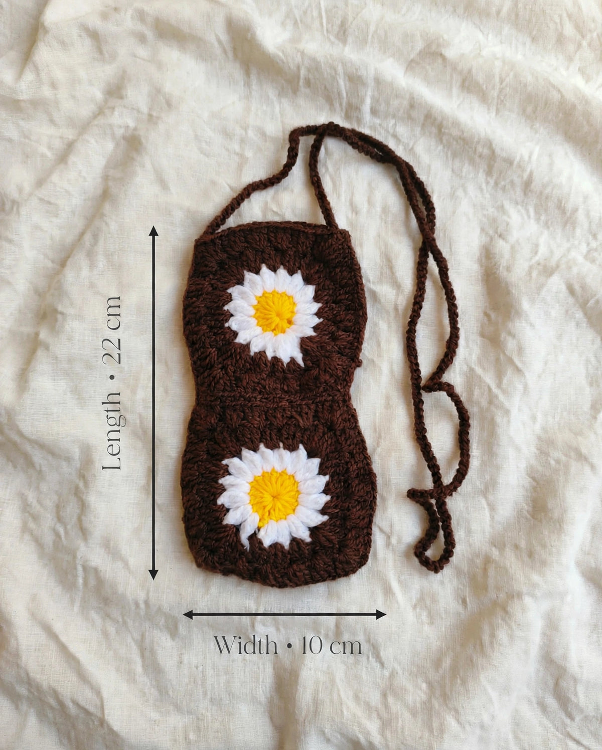 Handmade Crochet Daisy Sling Bag – Brown & White Phone Pouch