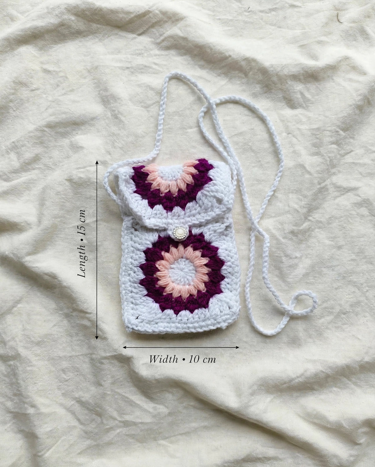 Handmade Crochet Floral Sling Bag – White & Wine | Granny Square Phone Pouch