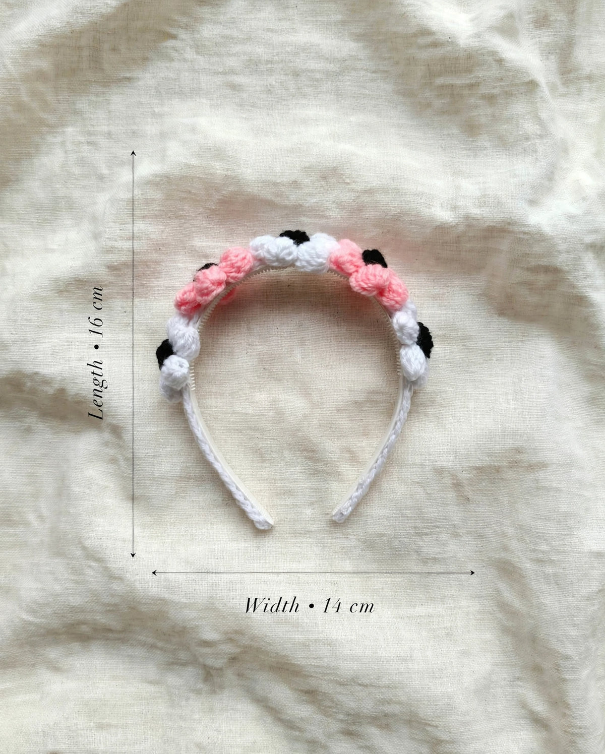 Handmade Crochet Floral Hairband – White Pink & Black | Cute Daisy Hair Band