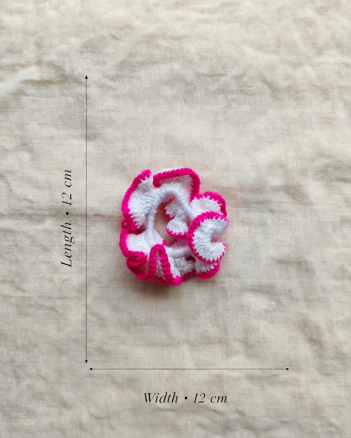 Handmade Crochet Scrunchie – White & Hot Pink | Ruffle Hair Tie