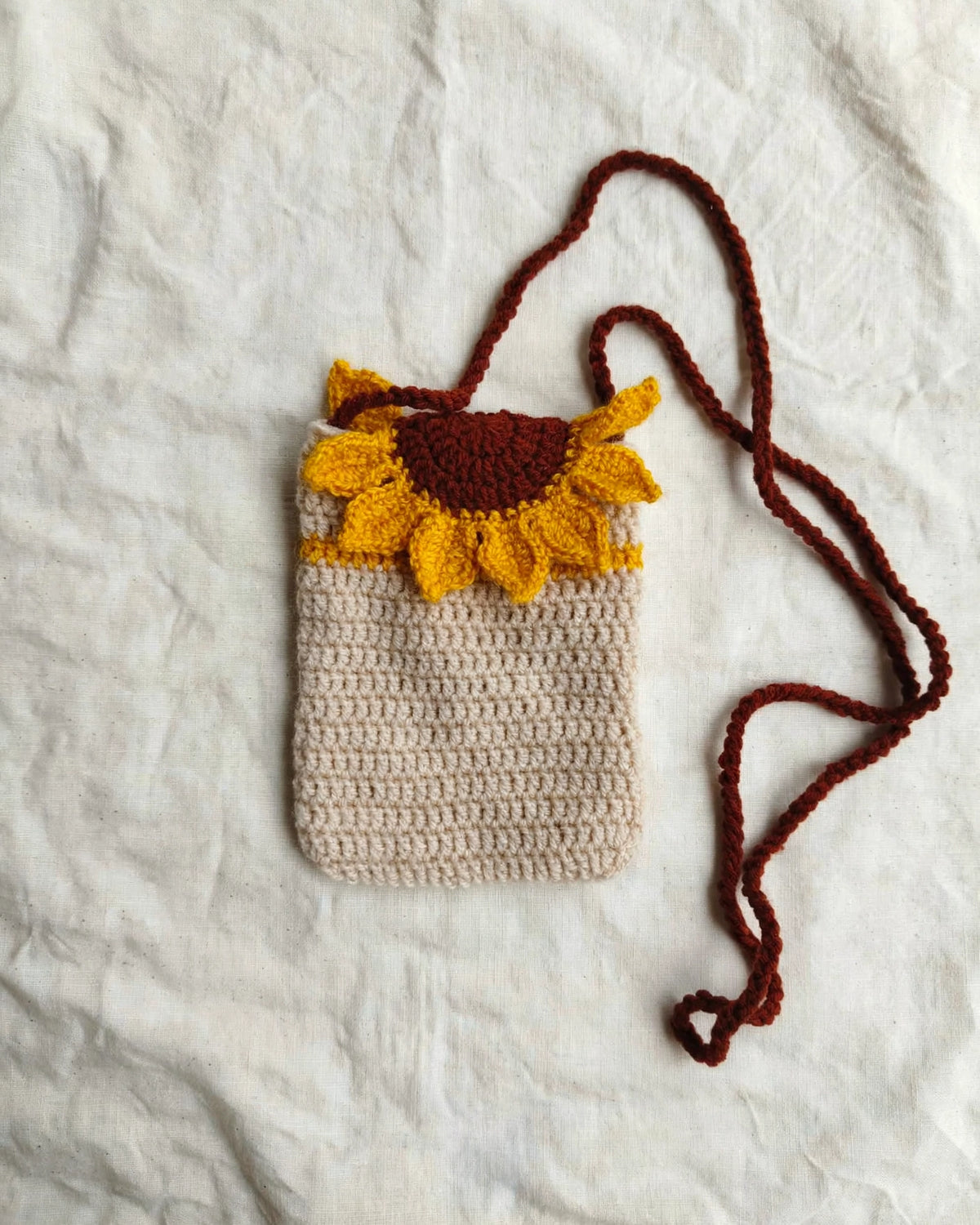 Handmade Crochet Sunflower Sling Bag – Beige & Yellow | Phone Pouch Mini Bag