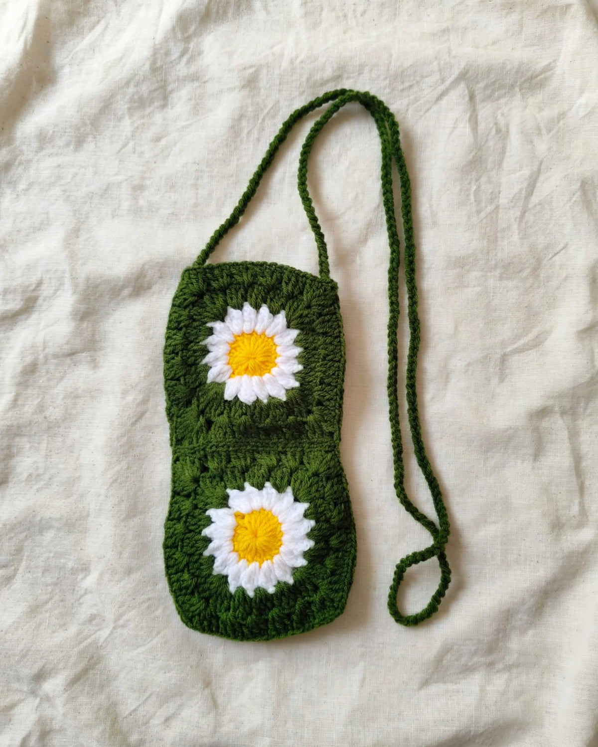 Handmade Crochet Daisy Sling Bag – Olive Green | Phone Pouch Mini Bag