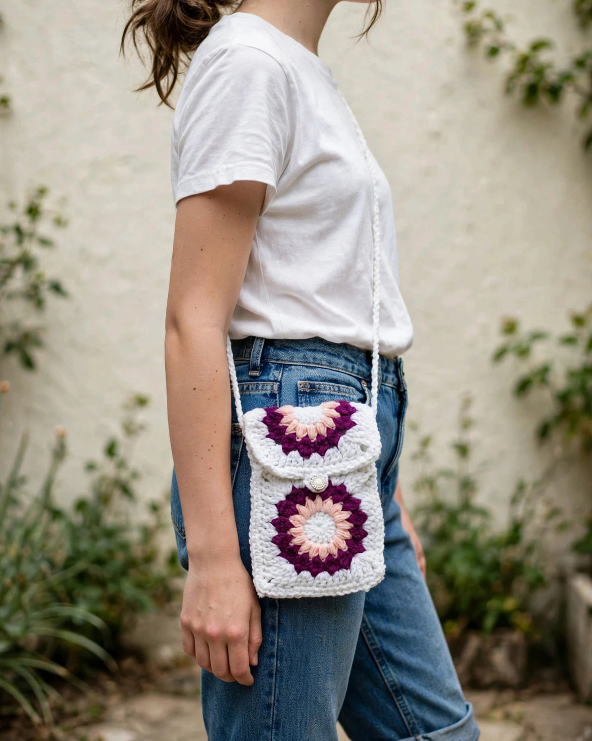 Handmade Crochet Floral Sling Bag – White & Wine | Granny Square Phone Pouch