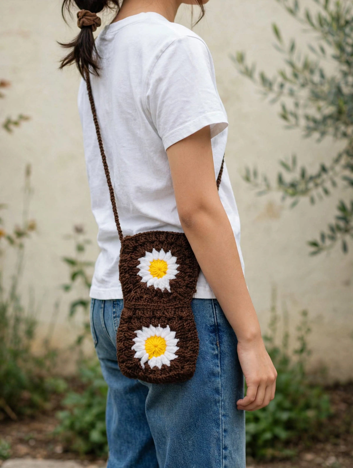 Handmade Crochet Daisy Sling Bag – Brown & White Phone Pouch