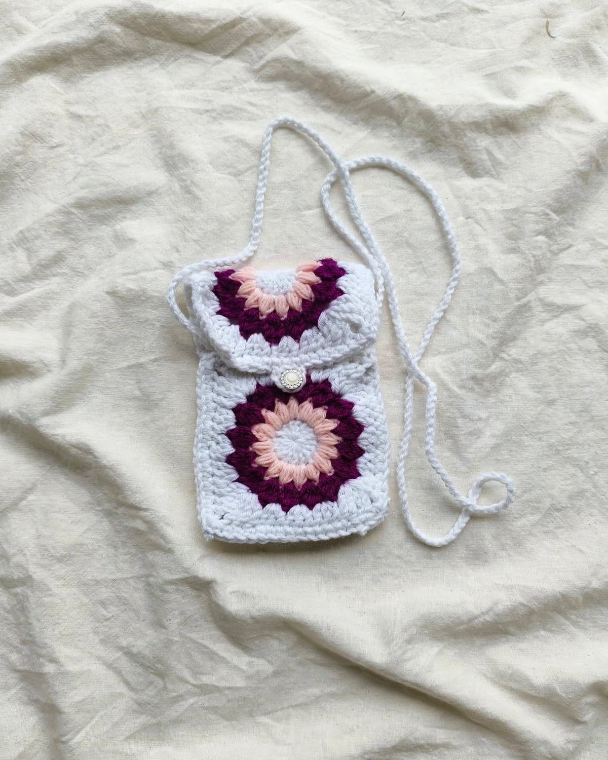 Handmade Crochet Floral Sling Bag – White & Wine | Granny Square Phone Pouch