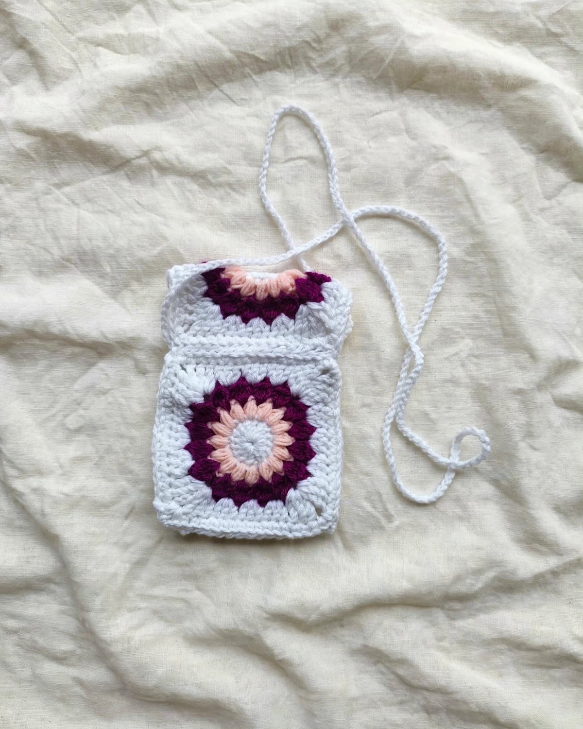 Handmade Crochet Floral Sling Bag – White & Wine | Granny Square Phone Pouch