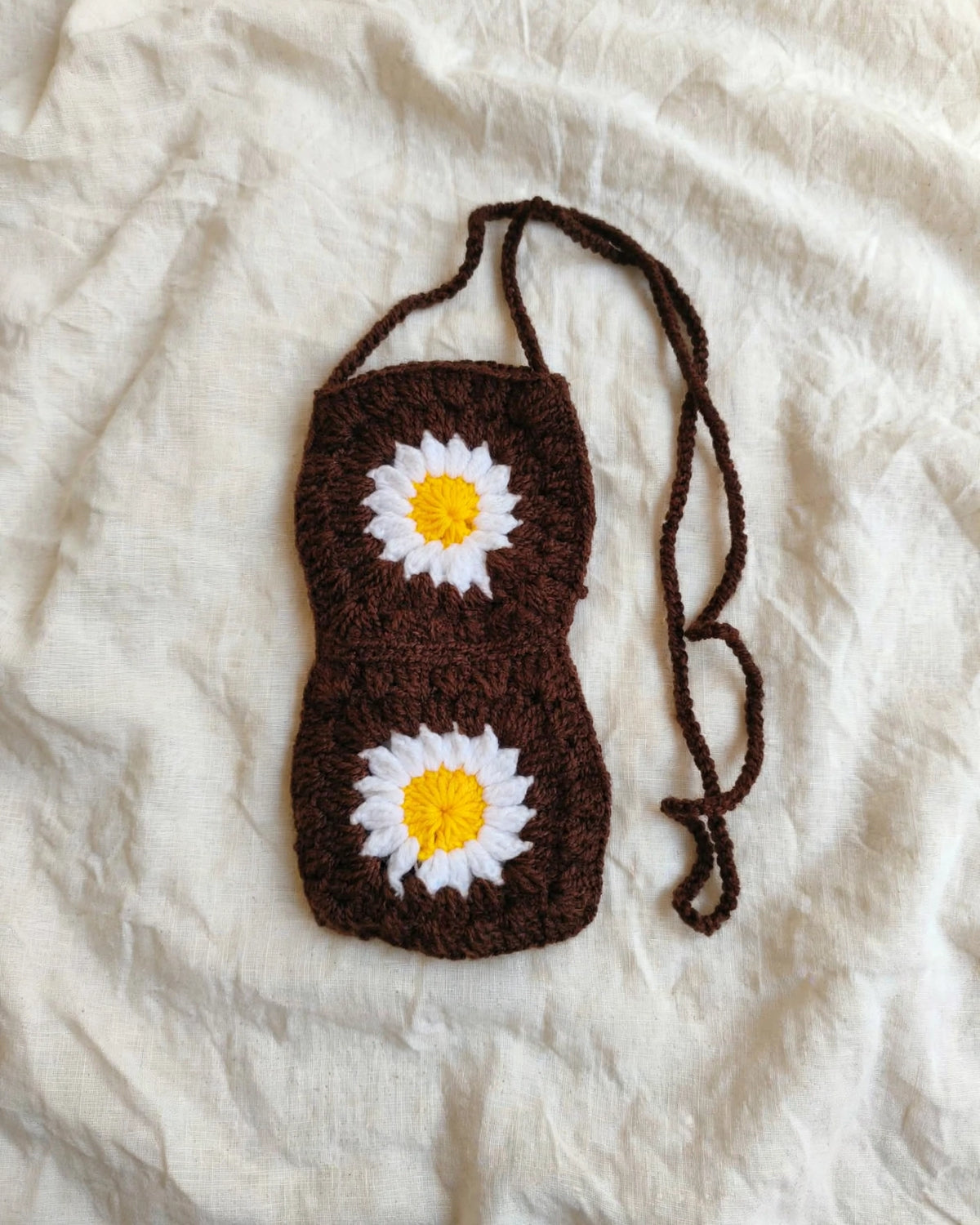 Handmade Crochet Daisy Sling Bag – Brown & White Phone Pouch