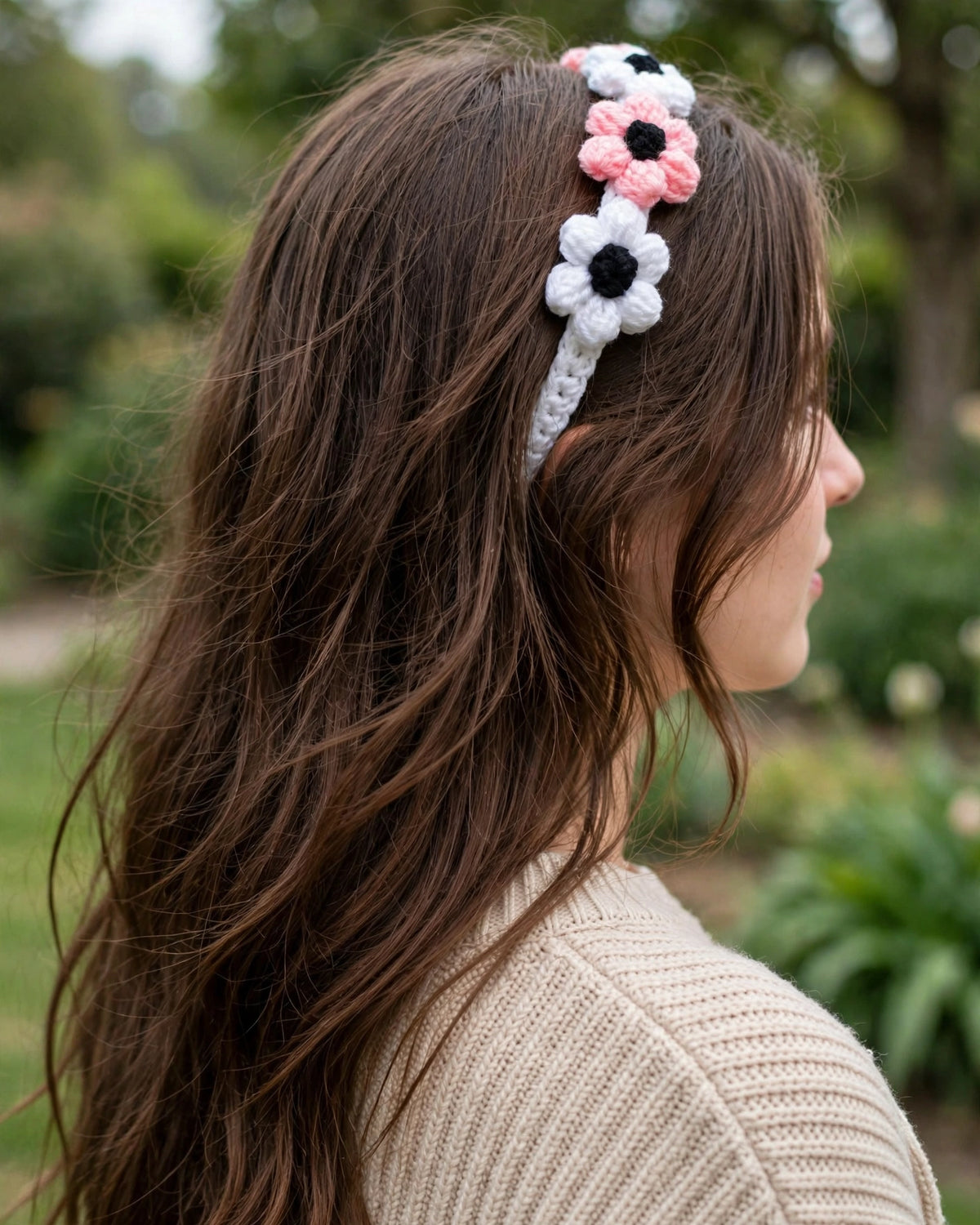 Handmade Crochet Floral Hairband – White Pink & Black | Cute Daisy Hair Band