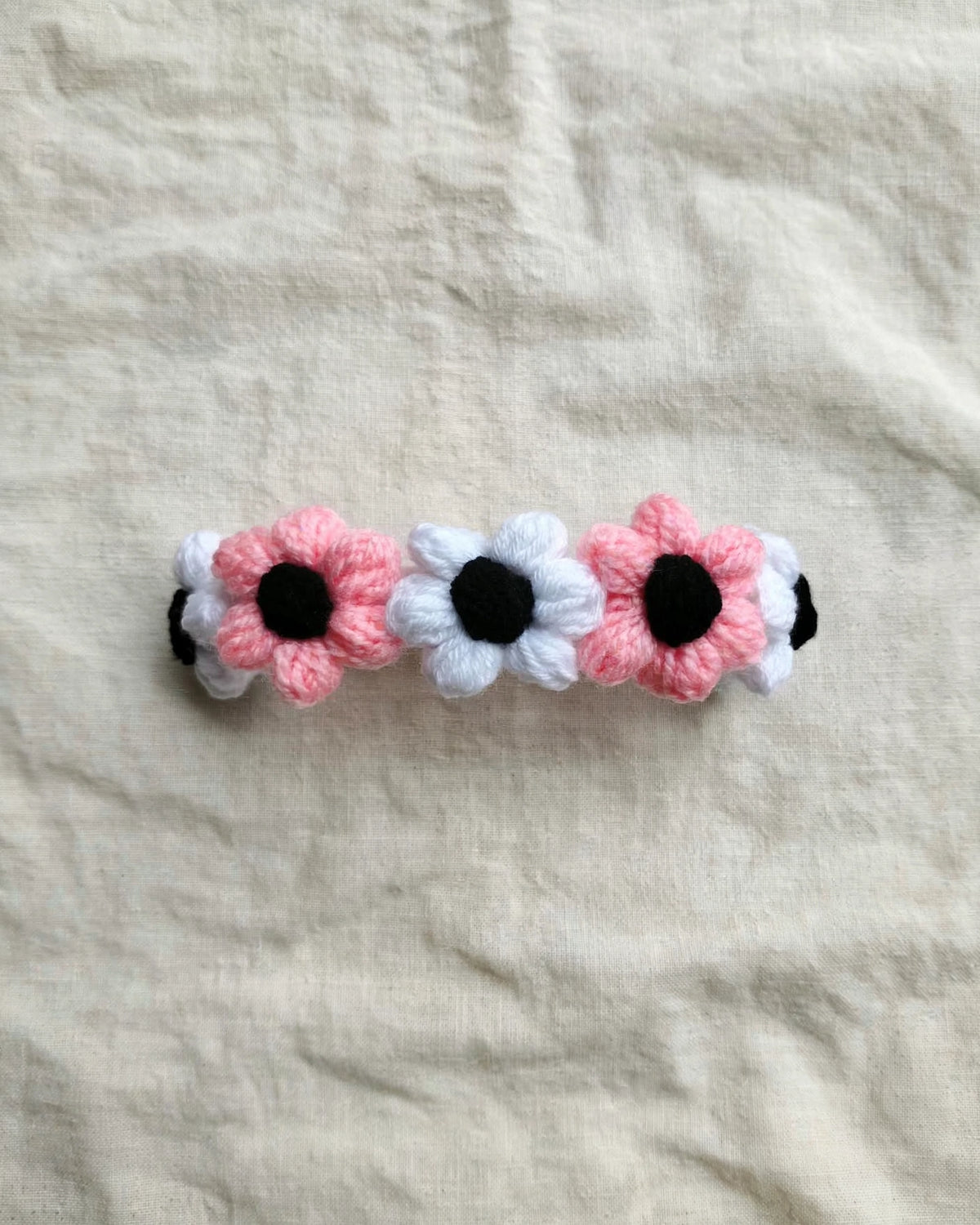 Handmade Crochet Floral Hairband – White Pink & Black | Cute Daisy Hair Band