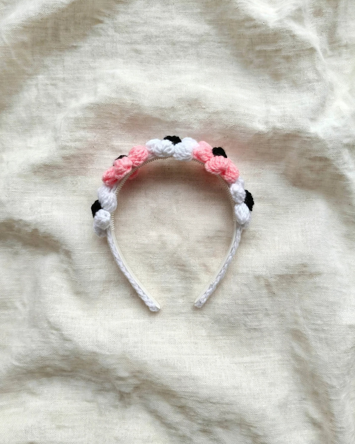 Handmade Crochet Floral Hairband – White Pink & Black | Cute Daisy Hair Band
