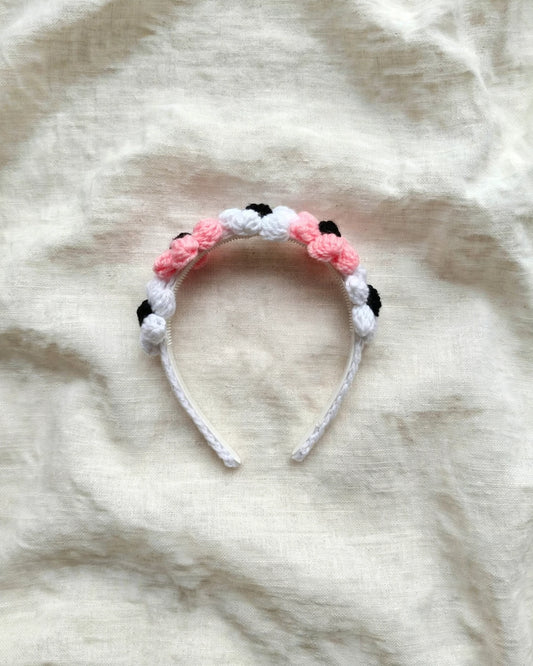 Handmade Crochet Floral Hairband – White Pink & Black | Cute Daisy Hair Band
