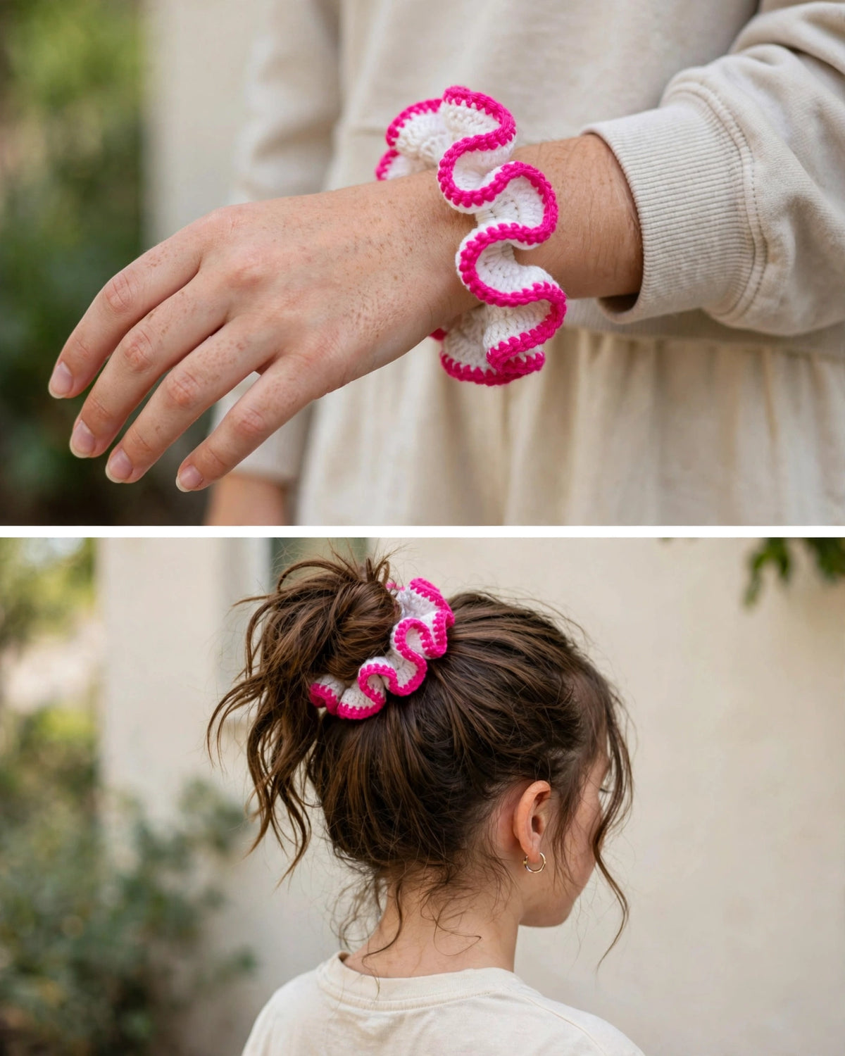 Handmade Crochet Scrunchie – White & Hot Pink | Ruffle Hair Tie