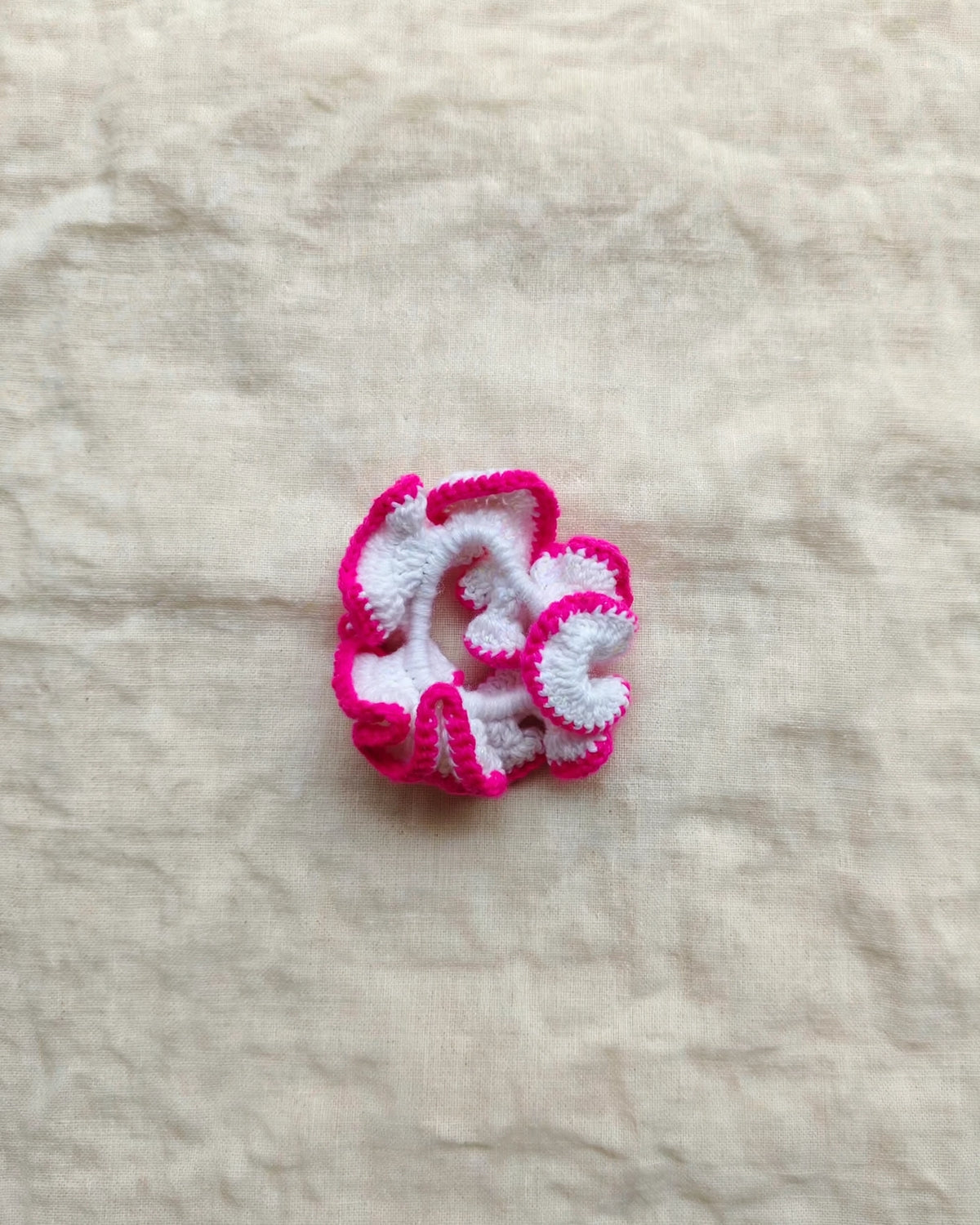 Handmade Crochet Scrunchie – White & Hot Pink | Ruffle Hair Tie