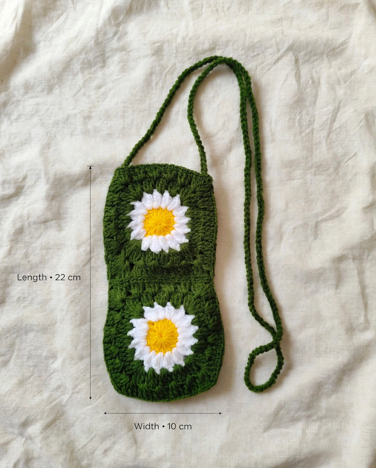 Handmade Crochet Daisy Sling Bag – Olive Green | Phone Pouch Mini Bag