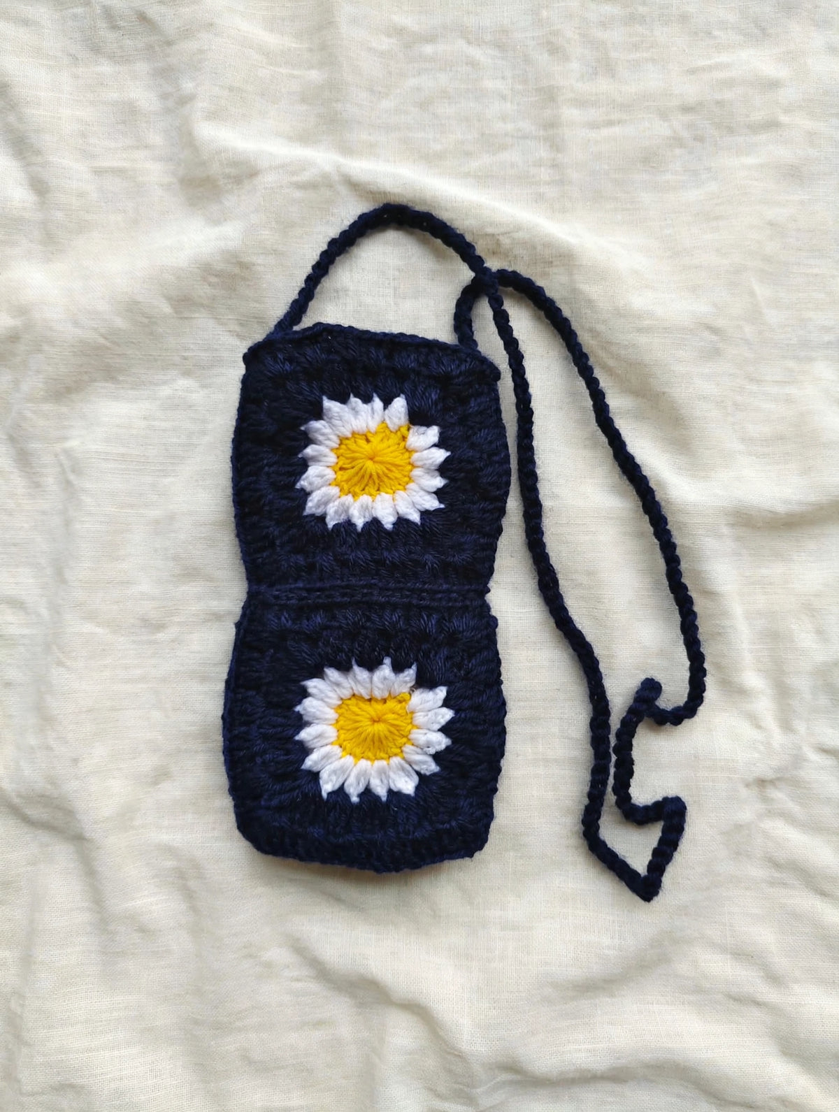 Handmade Crochet Daisy Sling Bag – Navy Blue | Phone Pouch Mini Bag