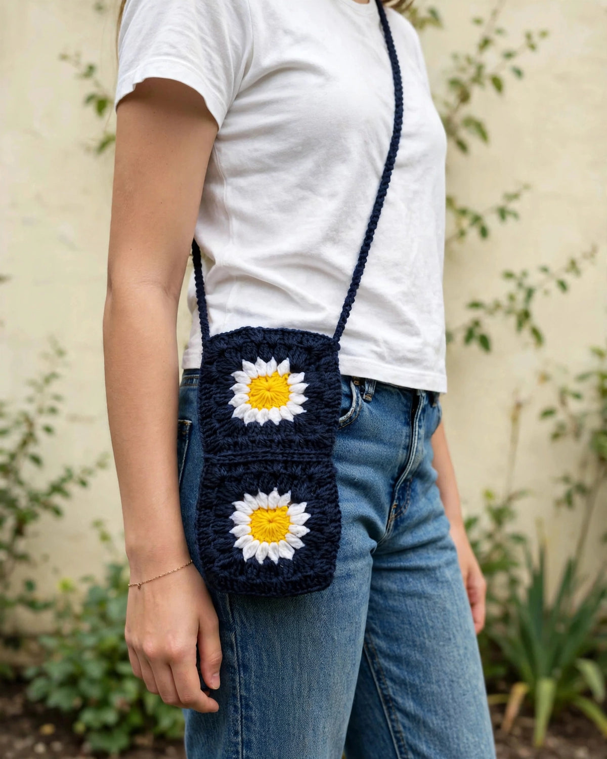 Handmade Crochet Daisy Sling Bag – Navy Blue | Phone Pouch Mini Bag