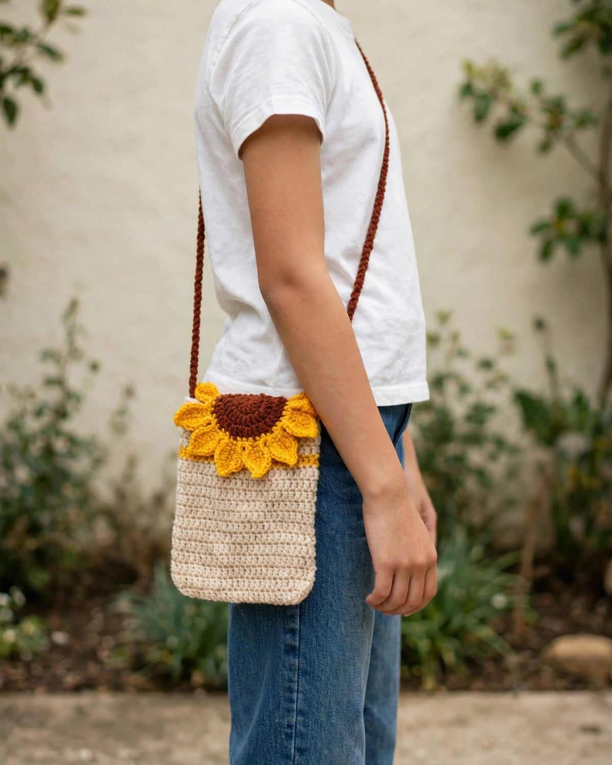 Handmade Crochet Sunflower Sling Bag – Beige & Yellow | Phone Pouch Mini Bag